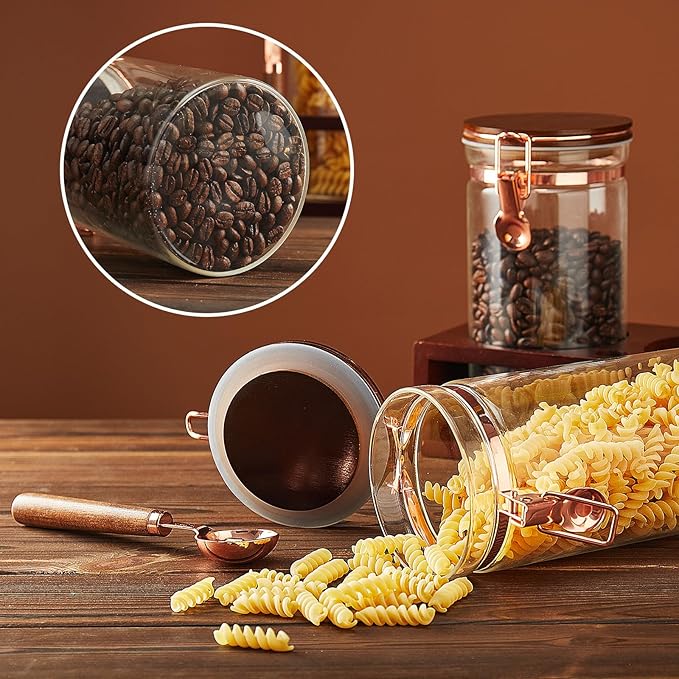 Glass Coffee Container with Wooden Shelf, 2 x 40 FLOZ Coffee Bean Storage with Sealed Closure Clips and Copper Spoon, Kitchen Large Capacity Food Storage Jar, Ground Coffee Container