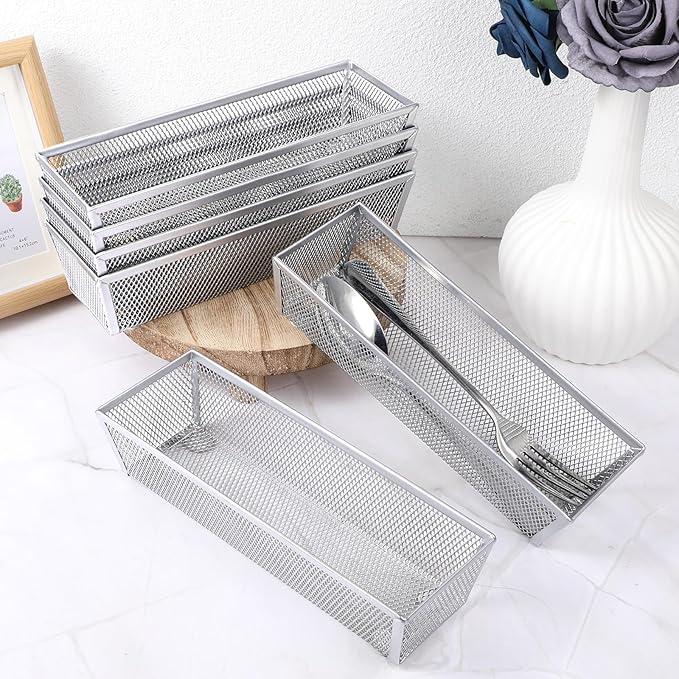 6 Pack Silverware Organizer, Mesh Small Utensil Drawer Organizer Silverware Holder for Kitchen Drawer, Metal Narrow Cutlery Drawer Organizer for Flatware, Knives, Spoons Storage 3x9x2 Inch