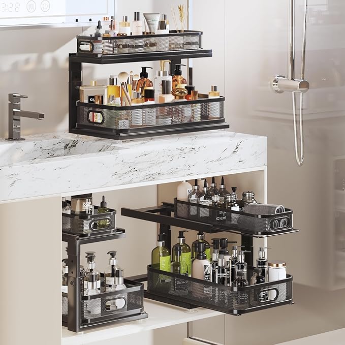 2 Pack 21IN-Depth Under Sink Organizer With Next-Gen Ball-Bearing Slides,2-Tier Precision Mesh Pull Out Cabinet Storage for Bathroom&Kitchen,Height Adjustable Drawers Shelf,Anti-rust-Black