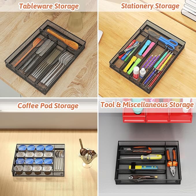 Kitchen Drawer Organizer Flatware Organizer,Drawer Dividers with 5 Compartment,Silverware Organizer Metal Mesh Cutlery Tray Mesh Organizer (9.3" x 12.6 ")