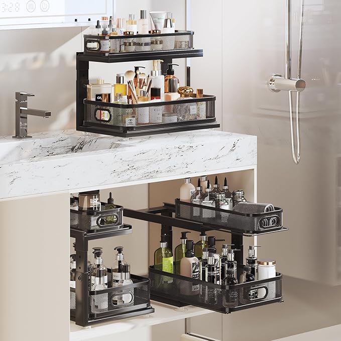 1 Pack 15.5IN-Depth Under Sink Organizer With Next-Gen Ball-Bearing Slides,2-Tier Precision Mesh Pull Out Cabinet Storage for Bathroom&Kitchen,Height Adjustable Drawers Shelf,Anti-rust-Black