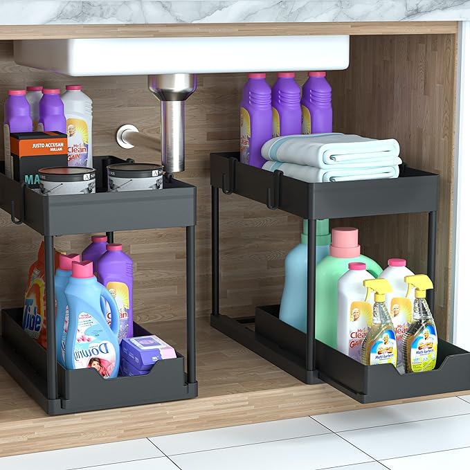 Under Sink Organizer 2 Pack, Bathroom Cabinet Organizer, 2 Tier Sliding Cabinet Basket Organizer Drawer, Multi-Purpose Bath Collection Baskets for Bathroom (Black)