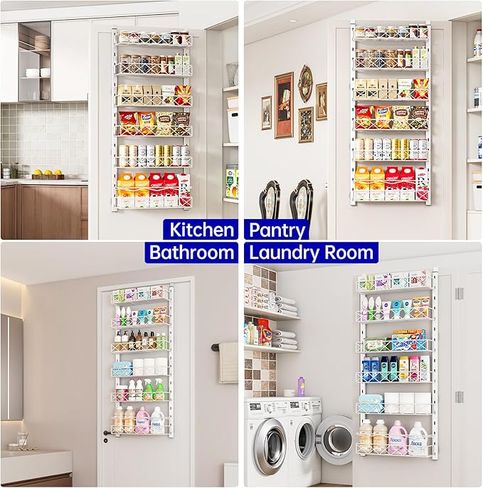 Over the Door Organizer, White 6-Tier Pantry Door Organizer with Adjustable Basket, Hanging Spice Rack Cabinet Door Shelves, Laundry Room Organization and Storage