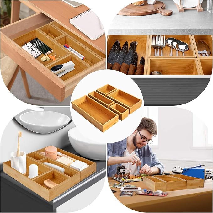 Secura Kitchen Drawer Utensil Organizer Box Set ๐ฑ ๐ฃ๐ฎ๐ฐ๐ธ, Bamboo Utensil Holder Cutlery Makeup Silverware Jewelry Flatware Organization Tray for Kitchen, Bathroom, Office and Living Room