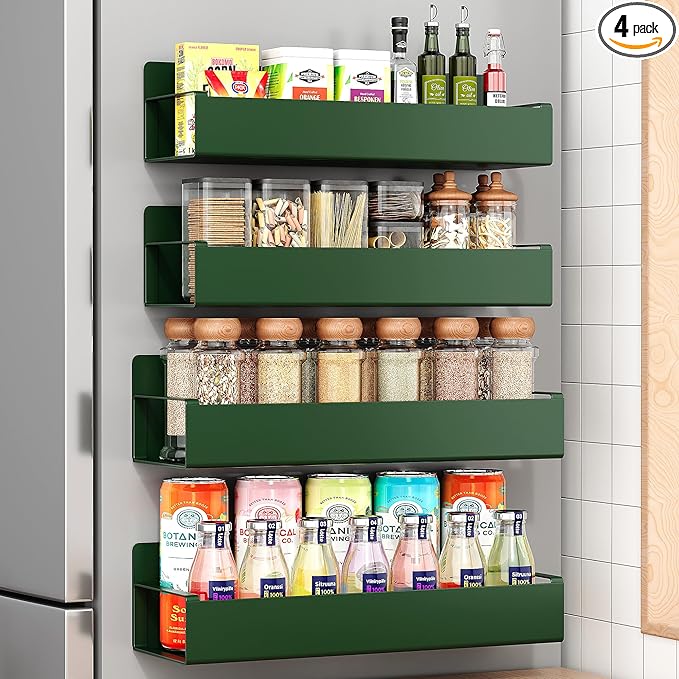 4 Pack Moveable Fridge Magnetic Spice Racks,Metal Green