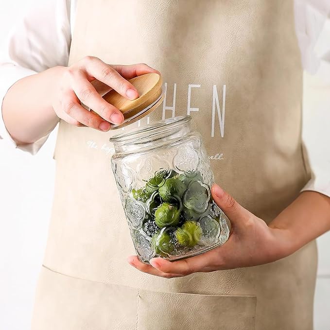 Glass Storage Jars With Airtight Lid, 35oz Canister For Kitchen Counter with Bamboo Lid, brown sugar, candy, coffee, cookie, salt, tea,pantry cute Jar (35oz Large Begonia Flowers)