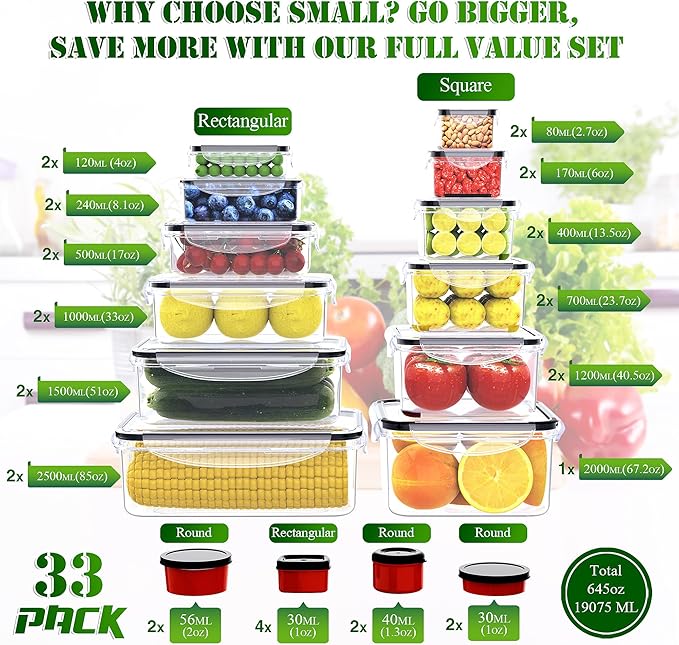 RockBerry 66 Pcs Large Food Storage Containers with Lids Airtight-Total 19075ML Stackable Kitchen Bowls Set(33 Containers,33 Lids) 2500ML to Small Box-BPA Free Leak proof Plastic Boxes-Microwave safe