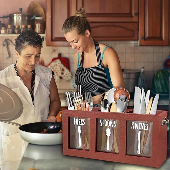 Wooden Utensil Caddy, Kitchen Silverware Caddy Countertop, Spoon And Fork Holder With Handles, Farmhouse Flatware Cutlery Holder, Rustic Silverware Organizer For Party(Brown)