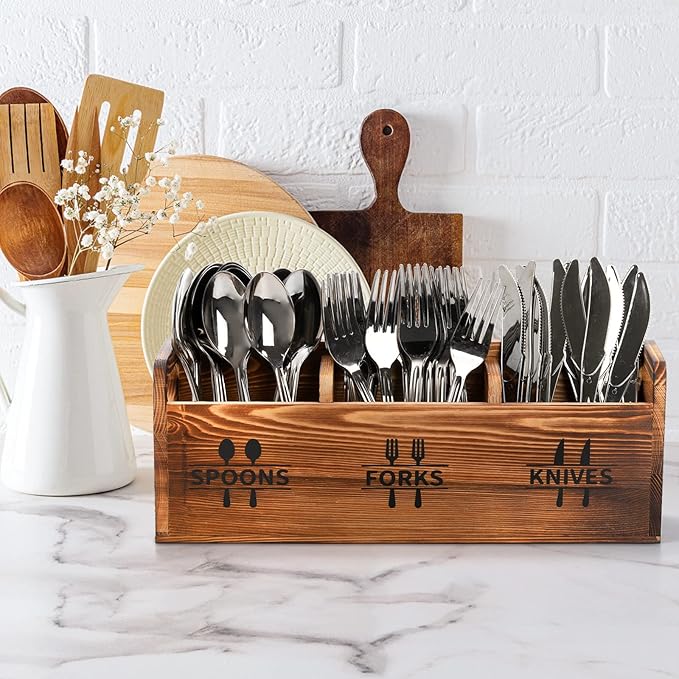 Fasmov 2 Pack Silverware Caddy, Wooden Utensil Caddy Silverware Cutlery Holder with 3 Compartment, Utensil Holder for Spoons, Knives, Forks, Perfect for Kitchen Decor and Countertop