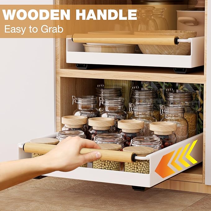 Pull out Cabinet Organizer, 16" Deep Pull Out Drawer for Kitchen Cabinets Adhesive with Nano Film, Slide out Cabinet Organizer Shelf for Pantry Bathroom Organization White