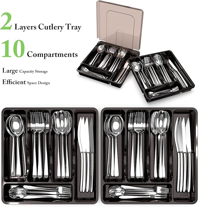 Silverware Organizer with Lid for Drawer, Plastic Utensil Holder for Countertop, Flatware Organizer Cutlery Tray with Cover 5 Compartments (2 Layer-Black)