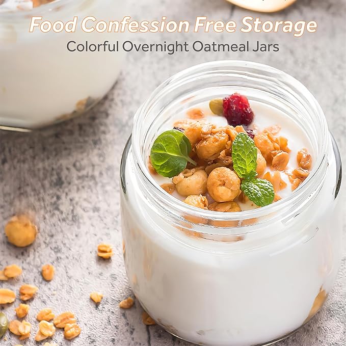 4 Pack Glass Clear Storage Canister with Airtight Lid, 12oz Overnight Oats Containers, Small Cute Decorative Pantry Jar for Snacks, Yogurt, Cereal, Fruit, Salad, Spice, Sugar, Coffee - White