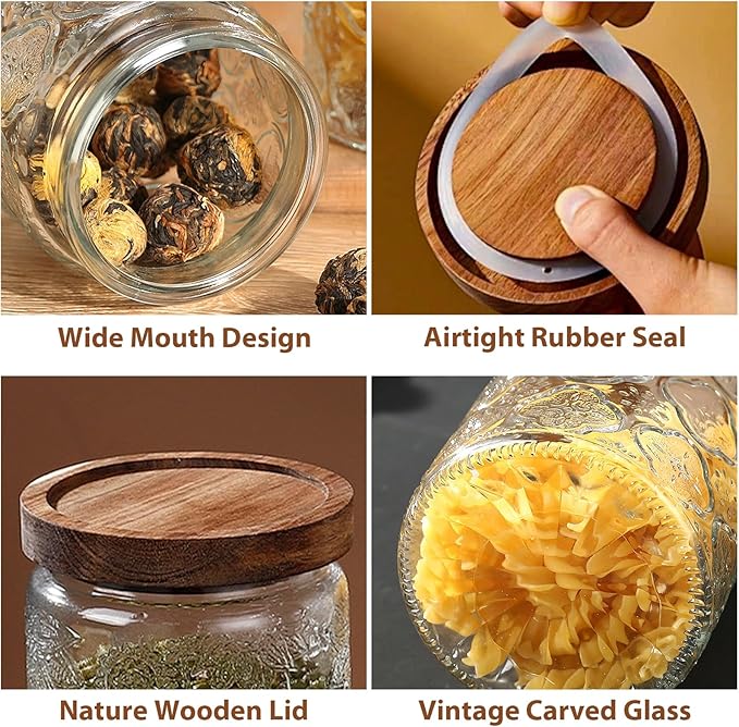34 OZ Vintage Glass Jar with Lid, Airtight Food Storage Canisters with Bamboo for Kitchen Counter Pantry, Ideal for Coffee, Candy, Tea, Oats, Sugar, Cookies Decorative Jars-Sunflower