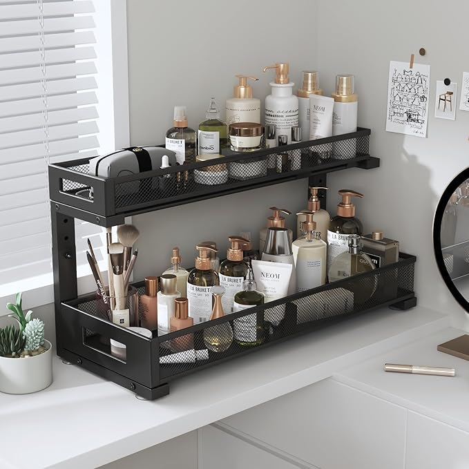 2 Pack 20.47IN Depth Under Sink Storage Organizer, Large 2-Tier Elegant Mesh Pull Out Shelf for Kitchen and Bathroom Cabinet Organization, L-Shaped and Adjustable Height Design-Black