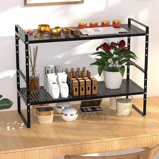 Cabinet Shelf Organizer Expandable Spice Rack Stackable Countertop Storage Shelves for Kitchen Cupboard Pantry Countertop Bathroom Organization,Black