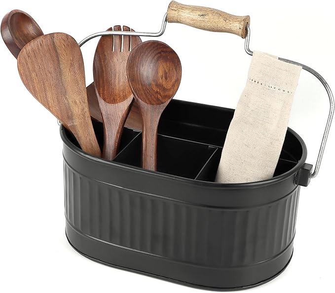 CLEENTABLE Rustic Galvanized Utensil Caddy - Farmhouse Silverware Holder for Kitchen, Dining, Picnic, Parties - Matte Black, 12-Inch, Durable Cutlery Organizer with Handle, Countertop Storage