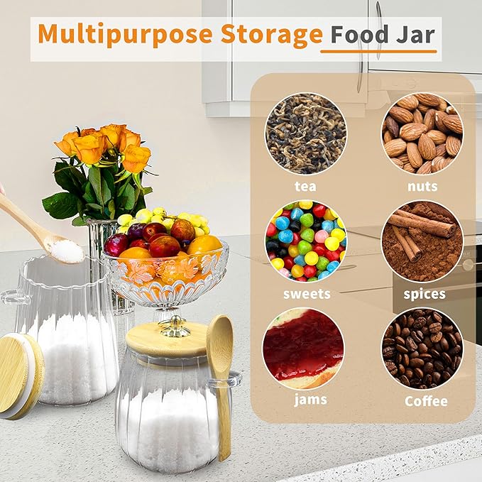 2 Pcs Glass Jars with Bamboo Lids and Spoon, Sugar Container Set, Coffee Grounds Container, Jars for Overnight Oats, Loose Leaf Tea Storage, Spice Jars for Countertop (2)