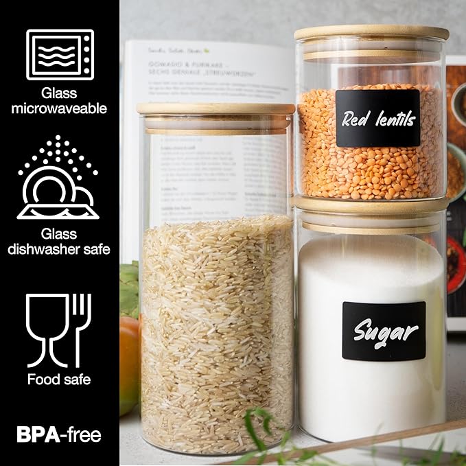 Moritz & Moritz Glass Food Storage Jars with Lids 6 Pack – Airtight Food Storage Containers for Pantry – Kitchen Organizers – Flour Sugar Containers with Labels and Chalk Pen