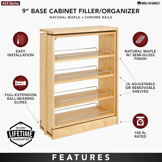 Rev-A-Shelf Pullout Shelf Organizer for Base Kitchen or Bathroom Cabinets, Wood Filler Pantry Storage or Spice Rack, Maple, 9" x 23" x 30", 432-BF-9C
