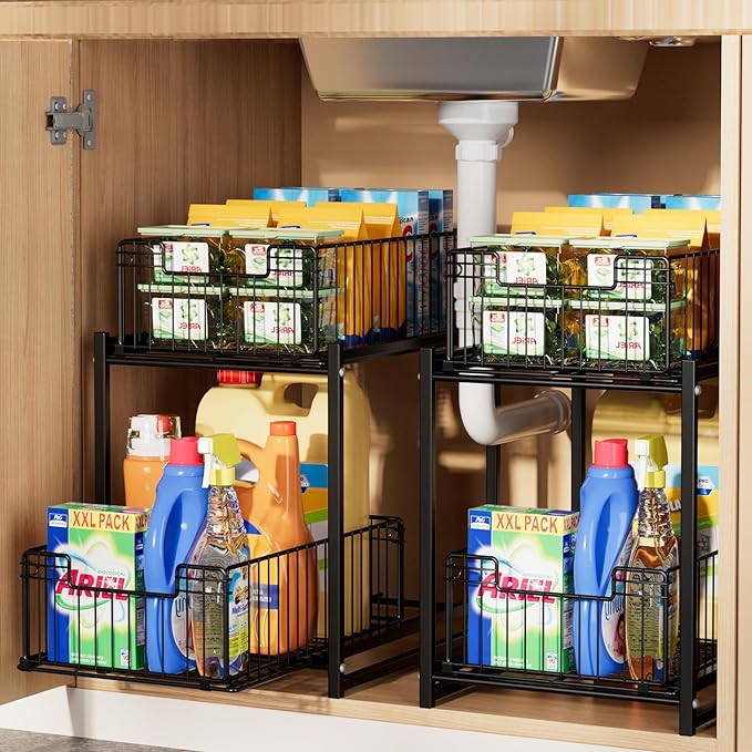 Under Sink Organizer, 2-Tier Pull Out Cabinet Organizer, Kitchen Bathroom Organizer and Storage, Spice Rack for Kitchen, Multi-use Sliding Drawers Shelves, Pack of 2