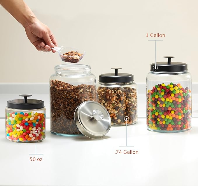 KooK Glass Kitchen Canister Set, Food & Storage Containers for Pantry, Bathroom Apothecary Jars, Tinplate Lids, Counter Organizers, 0.74 Gallon, Black, Set of 2