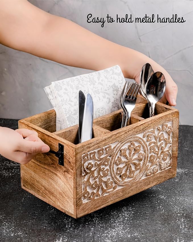 Mie Creations 4 Compartment Wooden Silverware Caddy Utensil Holder, Farmhouse Cutlery Flatware Organizer, Decorative Wood Caddy with Metal Handles for Kitchen, Buffet Party, Mothers Day Gift for Mom