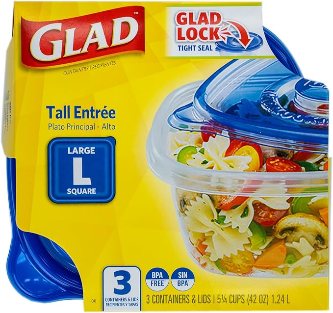 Glad GladWare Tall Entrée Food Storage Containers | Large Square Containers Hold up to 42 Ounces| Strong and Sturdy Large Kitchen Storage Holders, 3 Count - 6 Pack