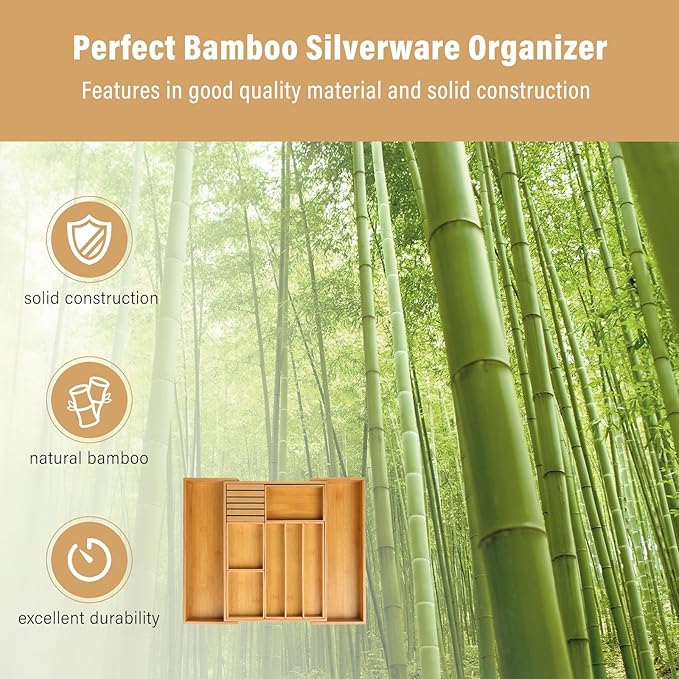 comfoyar Bamboo Kitchen Drawer Organizer, Expandable Silverware Cutlery Tray with Removable Grooved Drawer Dividers and Knife Block, for Flatware and Kitchen Utensils, 3-10 Slots Natural