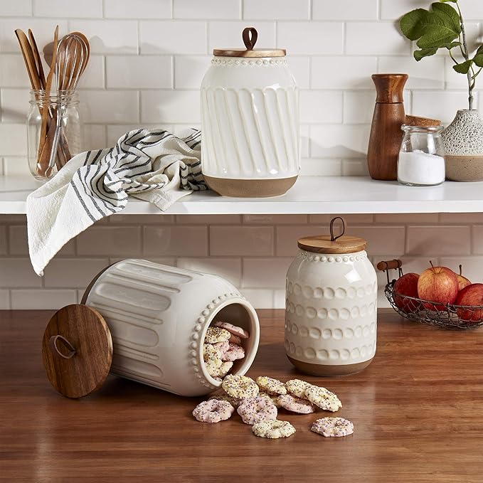 TTU Tabletops Gallery Ceramic Canister Collection- Stoneware Designed Kitchen Storage Embossed Acacia Wood White Set, 3 Piece Embossed Ziggy White Canister Set