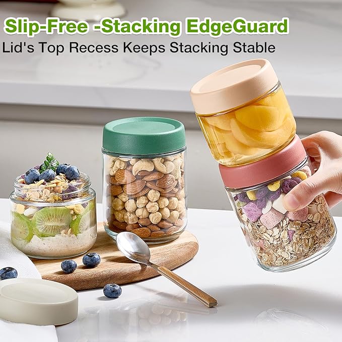 8 Pack Overnight Oats Containers with Lids, Large & Small Glass Mason Jars 16oz & 10 oz, Breakfast Oatmeal Container to Go, Salad Meal Prep Jars for Food Storage, Mush Chia Seed Pudding Jars