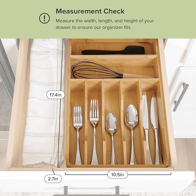 Silverware Organizer - Cutlery, Flatware, and Utensil Holder for Kitchen Drawers, Fixed 10.5” Width, 7 Storage Compartments, Non-Slip Feet, Rounded Corners, 100% Bamboo