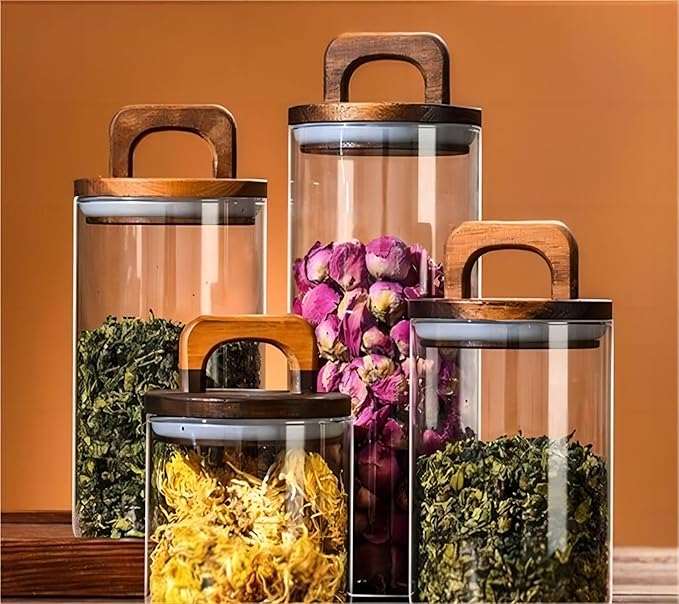 Glass Storage Jars,Clear Glass Jars with Bamboo Lids, Glass Containers,S Kitchen Containers,Glass Food Storage Jars for Candy,Cookie,Rice,Sugar,Flour,Pasta,Nuts,Salad and Spice Jars