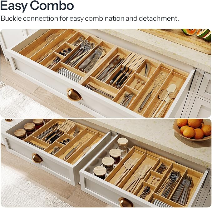 HO0BRO Large Silverware Organizer Kitchen Drawer Organizer, Magnetic Connected Expandable Utensil Organizer From 22 to 35 Inches, Bamboo 16 Slots Cutlery Tray with Knife Holder, Natural YL07TL01