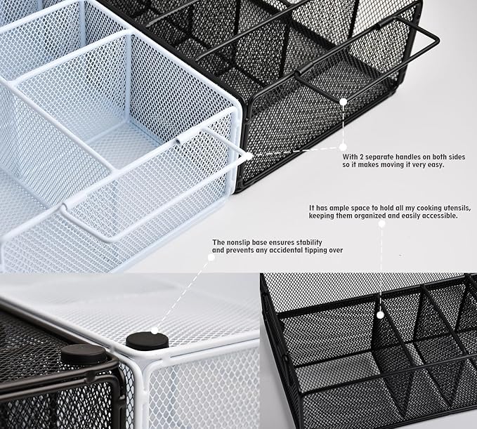 Paper Plate Organizer For Kitchen Countertop, Metal Silverware Caddy With 6 Compartments For Plate, Cup,Napkin,Paper Plate And Utensil Holder Caddy For Barbecue,Party,Camping,Picnic (BLACK)