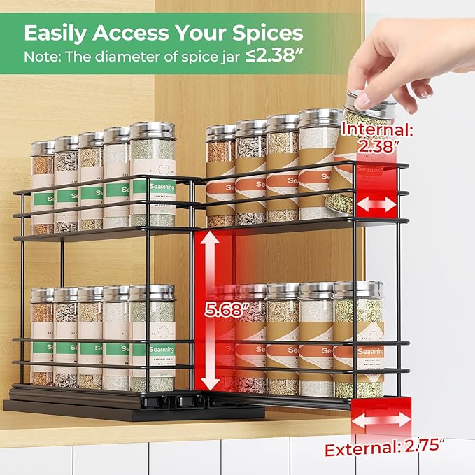 Pull Out Spice Rack Organizer for Cabinet, Slide Out Spice Racks, Easy to Install Spice Cabinet Organizer, 2.75''Wx10.35''Dx8.26''H, 2 Drawers 2 Tiers(Black
