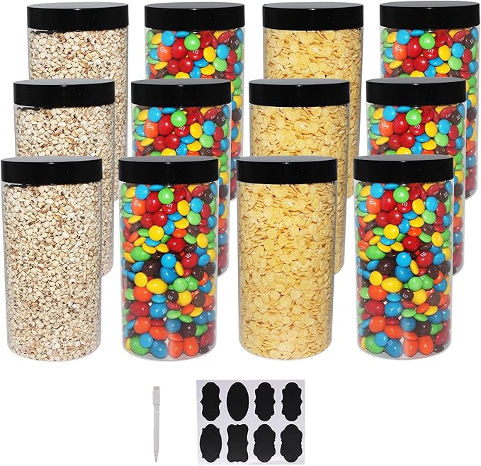 12 Pack 32 OZ Large Clear Plastic Storage Jars with Lids & Labels,A Pen - Wide Opening Durable Round Containers - PET Container for Pantry, Home & Kitchen Storage
