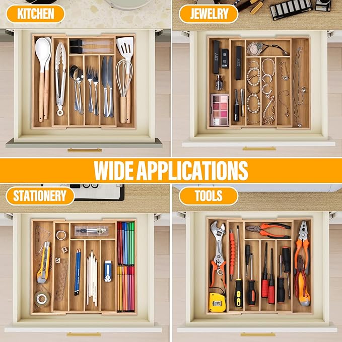 Expandable Silverware Organizer Utensil Drawer Organizer,14 Inch Silverware Tray for Kitchen Drawer,Bamboo Flatware Tableware Cultery Caddy Tray Home Essentials Utensils Holder,15"D x 14"W x 2"H