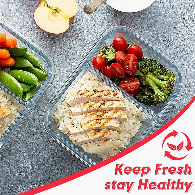 VERONES 10 Pack Glass Meal Prep Containers 2 Compartment Set, 36OZ Airtight Glass Lunch Containers, Glass Food Storage Containers with Lids, for Microwave, Oven, Freezer & Dishwasher Friendly,Red