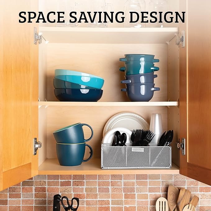 ELTOW Silverware Holder and Paper Plate Organizer for Countertop, 6 Compartment Utensil Caddy for Parties, Home, Office, or RV Lifestyle (Silver)