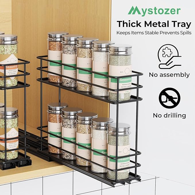 Pull Out Spice Rack Organizer for Cabinet, Slide Out Spice Racks, Easy to Install Spice Cabinet Organizers, 2.75''Wx10.35''Dx8.26''H, 2 Drawer 2 Tiers(Black