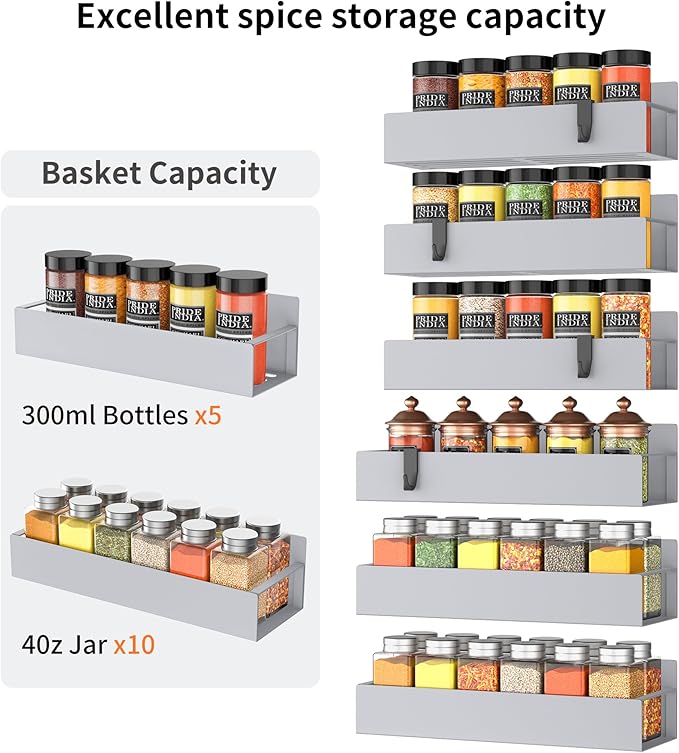 6-Piece Magnetic Spice Rack for Refrigerator, Gray