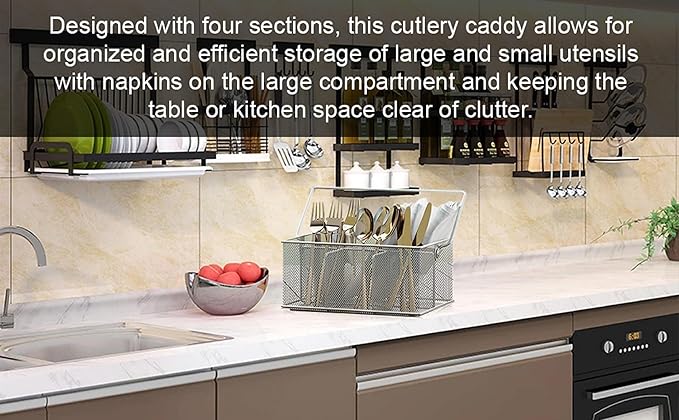 YBM HOME Mesh Basket Utensil Holder & Picnic Silverware Caddy Organizer with Four Compartments and Napkin Storage, Black (2 Pack)