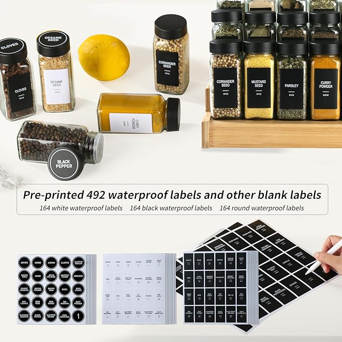 36 Glass Spice Jars with Labels,Spice Jar Set,4oz Seasoning Containers,Spice Containers with Black Airtight Lids and Shaker Lids,Square Empty Spice Bottles, 492 Labels,2 Marker Pens,1 Funnel