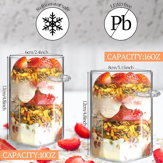 Pickmesh 4 Pcs Overnight Oats Containers with Lids and Spoons Overnight Oats Jars Oatmeal Cups Square Glass Meal Prep Container Storage Bottle Glass Jar for Pudding Yogurt (16oz, 10oz,Square Style)
