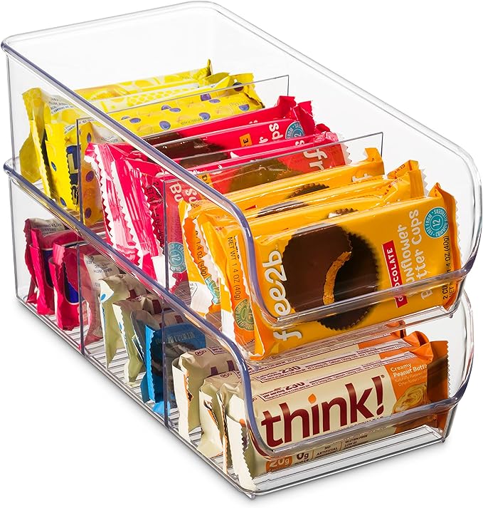 Set Of 4 Food Storage Organizer Bins - Divided 3 Compartment Kitchen Pantry Fridge Organizers for Food Packets, Seasoning, Spices, Sauce Packets, Pouches, Snacks - Clear Plastic Storage Rack