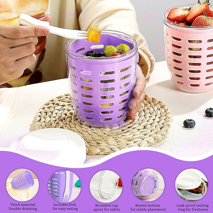 20oz Fruit Salad Storage Cup with Lids and Fork, Reusable Plastic Fruit Storage Containers for fridge with Drain Baskets, BPA-Free & Leak-Proof, Keep Fruits, Vegetables Fresh Longer (Purple)