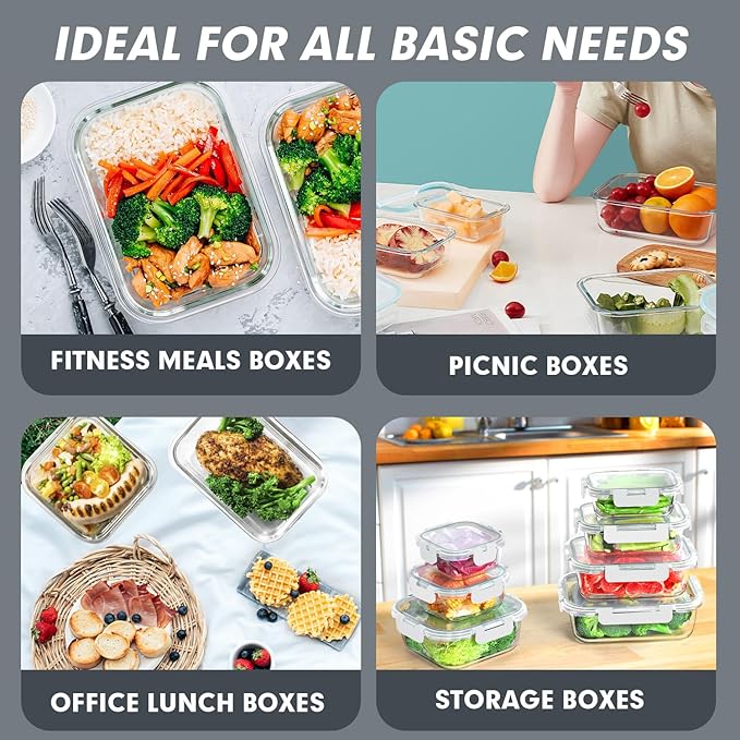 VERONES 30 Pieces Glass Meal Prep Containers Set, Stackable Glass Food Storage Containers with Lids-Airtight Glass Lunch Containers,for Microwave, Oven, Freezer & Dishwasher,White