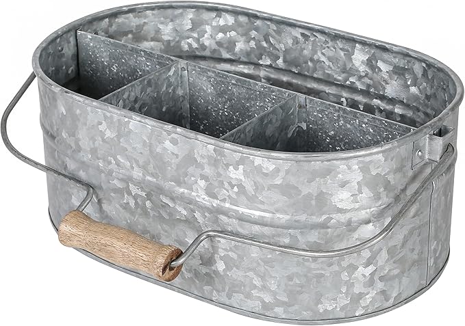 CLEENTABLE Galvanized Farmhouse Utensil Caddy – 4-Compartment Tin Organizer for Kitchen, Parties & Outdoor Use (13.5” L x 10” W x 5.5” H, Removable Handle)