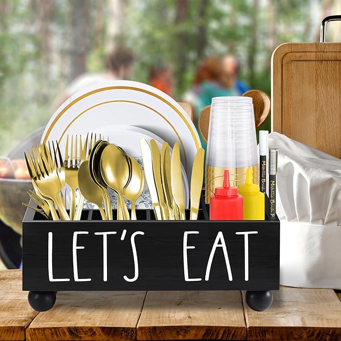 Paper Plate Holders, Paper Plate Dispenser for Kitchen Counter, Wood Rustic Silverware Utensil Caddy Organizer for Cups Spoons Forks Plates Napkins, Utensil Holder with Markers for Party, Camping, BBQ
