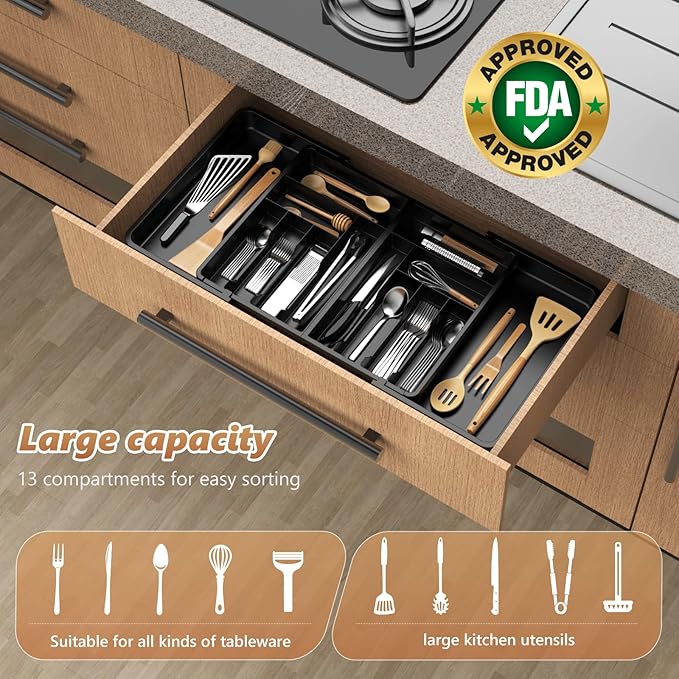 Large Silverware Drawer Organizer-Expandable From 22 to 36in-BPA Free Plastic Utensil Tray for Kitchen-Adjustable Flatware and Cutlery Holder for Spoons Forks Knives